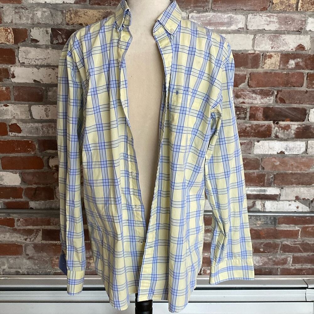 IZOD Yellow and Blue Plaid Long Sleeve Collard Button Down Shirt Size L